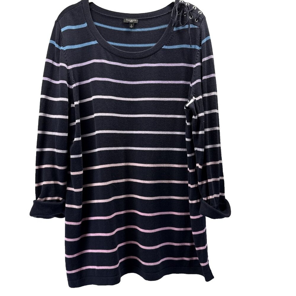 Talbots Women's Tunic Sweater Size 1X Navy Blue Pink White Blue 3/4 Cuff Sleeves